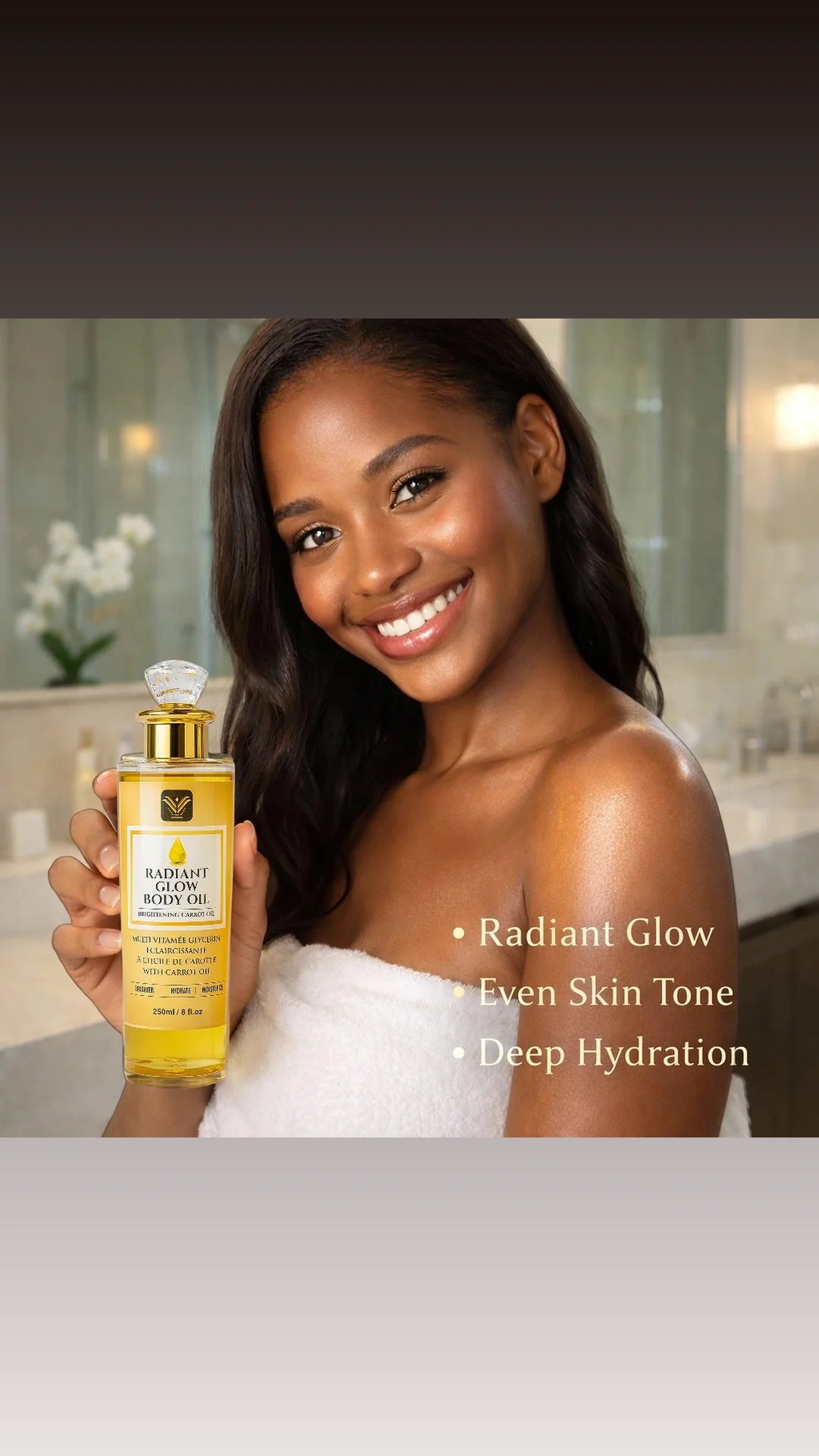 Radiant Glow Body Oil with Vitamin C & Carrot Oil – Brightening, Hydrating Multi-Vitamin Glow Oil for Even Tone & Radiance | 250ml / 8 fl oz