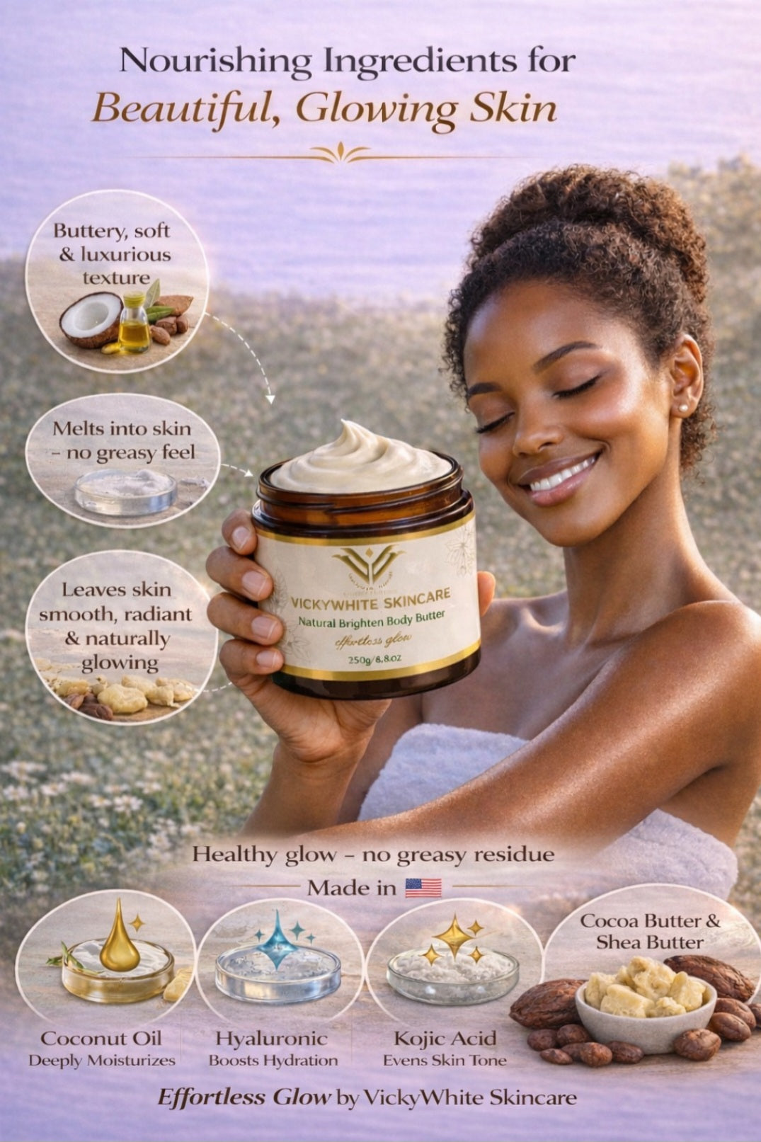 Natural Brightening  Body Butter-Niacinamide, HyaluronicAcid, KojicAcid,  Collagenpeptide(250g)