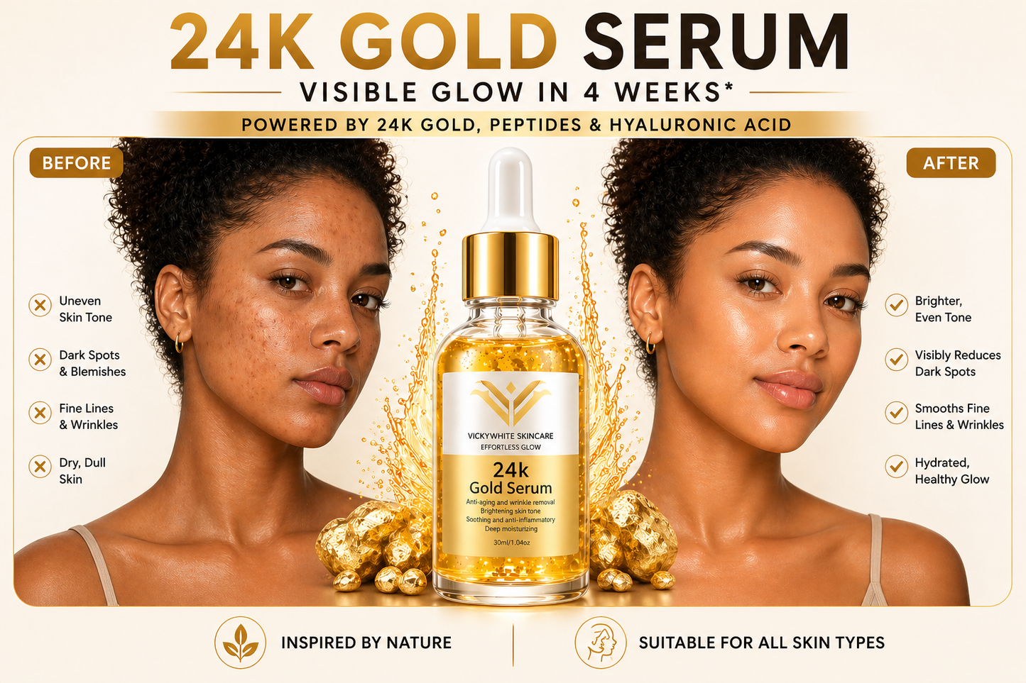 24K Gold Serum for Face-Hydrating & Brightening Serum with Niacinamide,Hyaluronic Acid & Vitamin E- Reduces Appearance of Fine Lines, Evens Skin Tone & Boosts Glow (30ml)