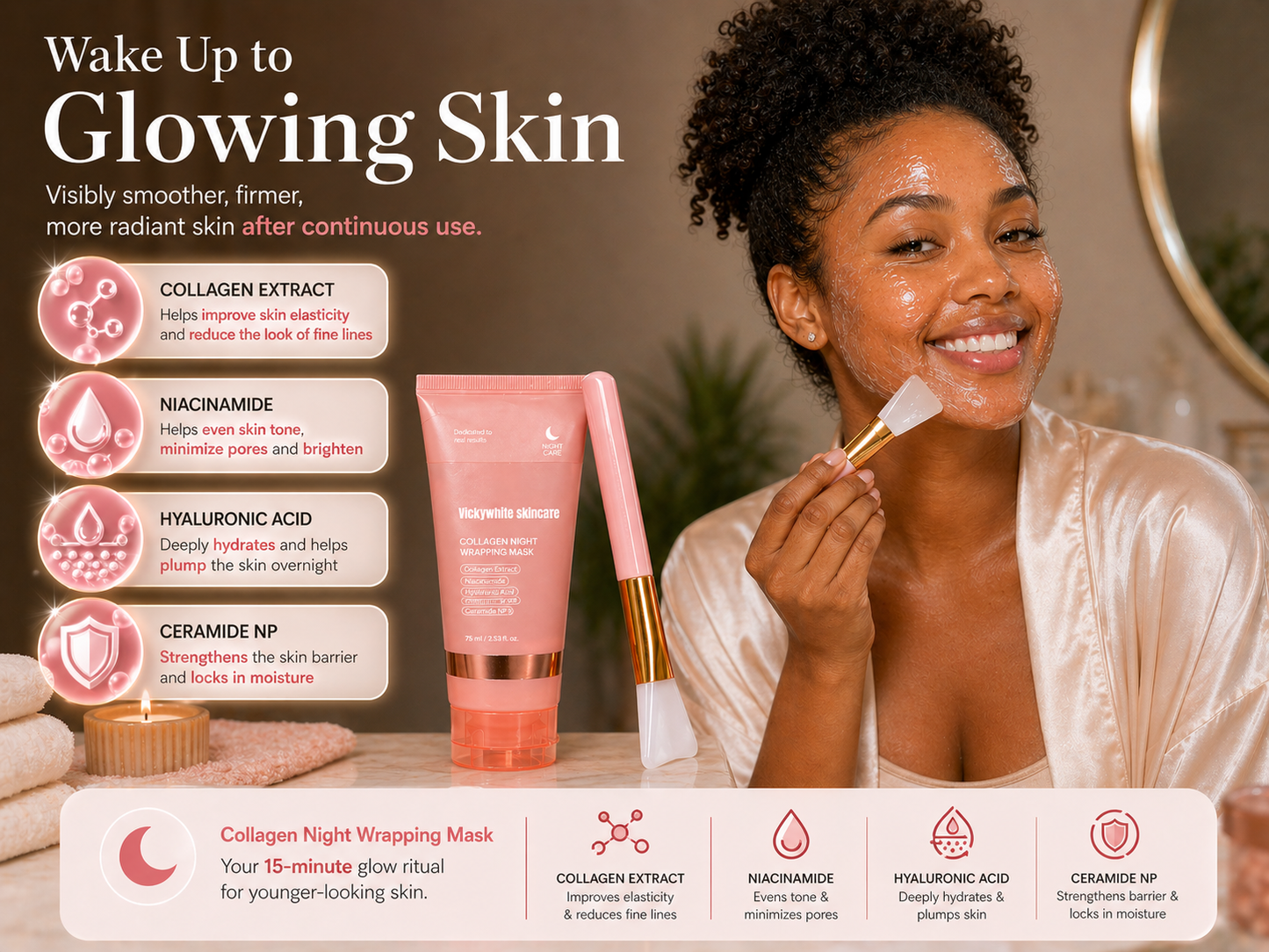 VickyWhite Skincare Collagen Night Wrapping Mask – Overnight Hydrating Face Mask with Niacinamide & Ceramide NP – Deep Moisture, Smooth & Firm Skin, Anti-Aging Night Care