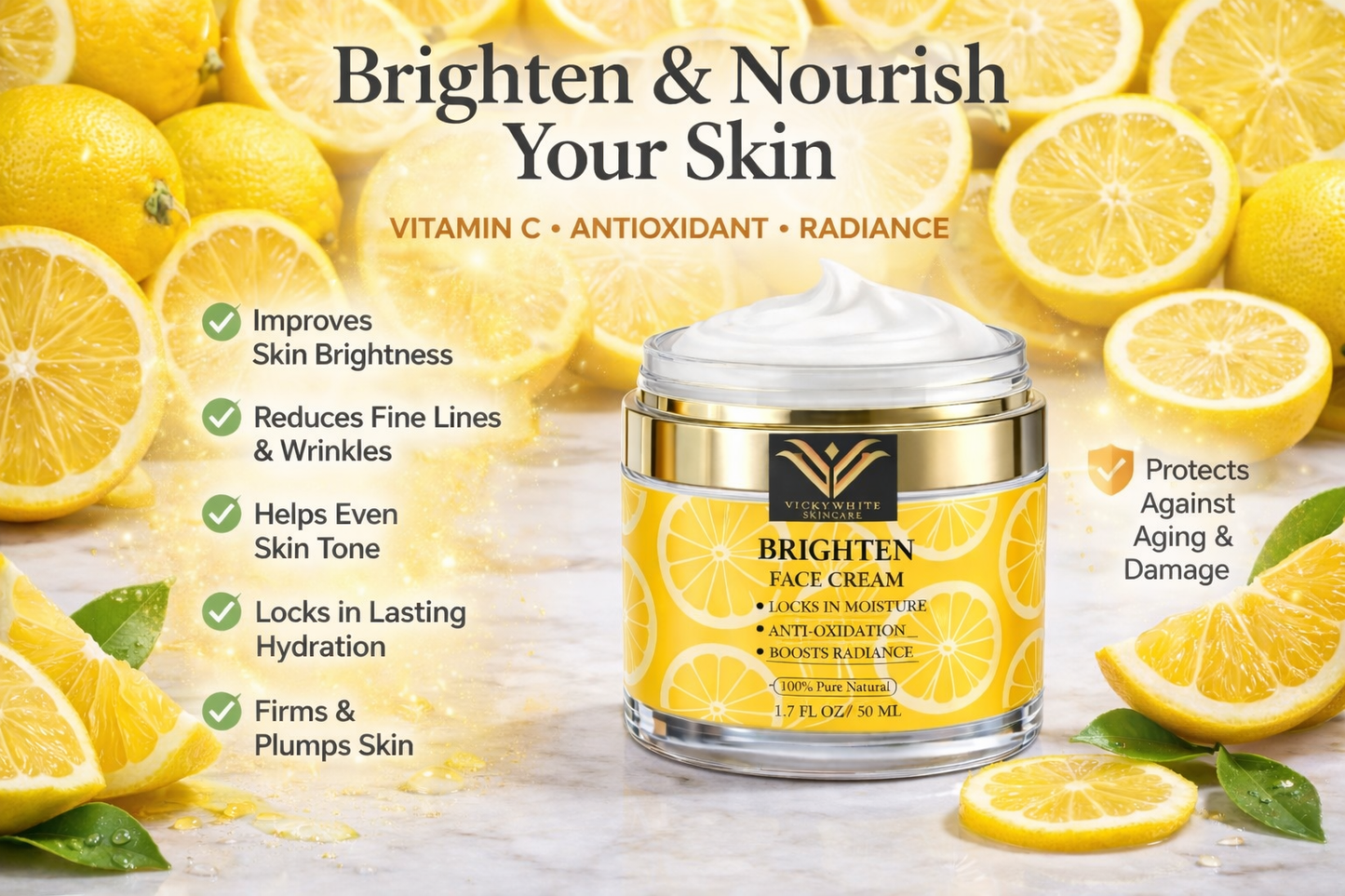 Vitamin C Face Cream with Niacinamide & Kojic Acid – Brightening Moisturizer for Dark Spots, Uneven Skin Tone & Fine Lines | Hydrating Anti-Aging Cream for Radiant Glow | VickyWhiteSkincare