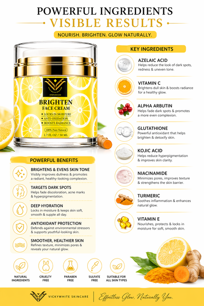 Vitamin C Face Cream with Niacinamide & Kojic Acid – Brightening Moisturizer for Dark Spots, Uneven Skin Tone & Fine Lines | Hydrating Anti-Aging Cream for Radiant Glow | VickyWhiteSkincare