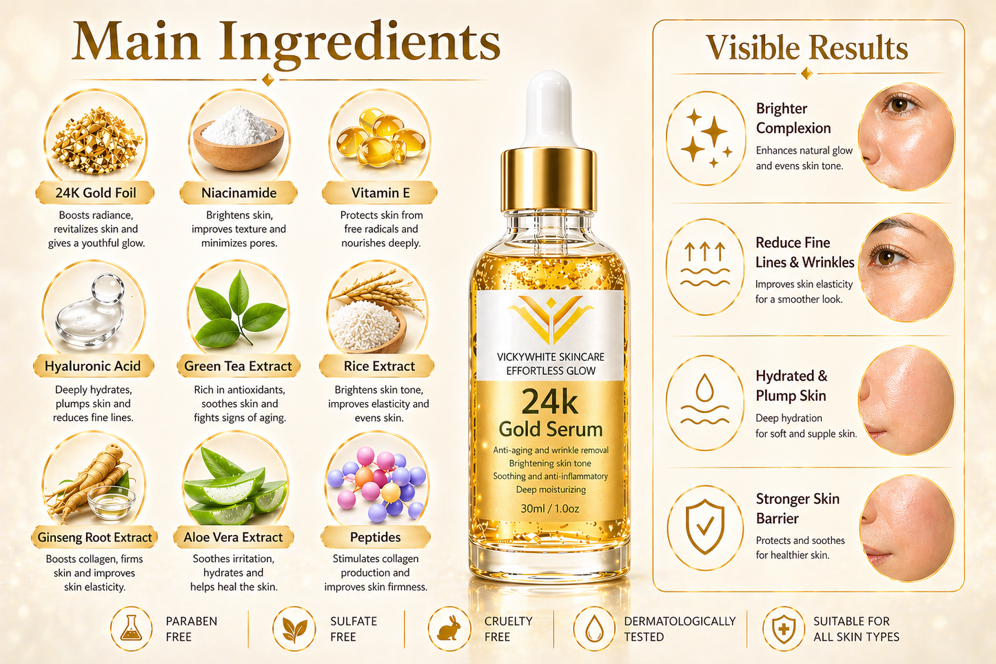 24K Gold Serum for Face-Hydrating & Brightening Serum with Niacinamide,Hyaluronic Acid & Vitamin E- Reduces Appearance of Fine Lines, Evens Skin Tone & Boosts Glow (30ml)